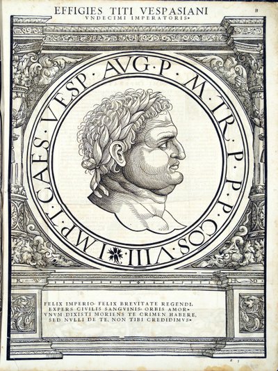 Tito Vespasiano, illustrazione da Imperatorum romanorum omnium orientalium et occidentalium verissimae imagines ex antiquis numismatis, xilografia di Rudolph Wyssenbach, stampata da Andreas Gesner, Zurigo da Hans Rudolf Manuel Deutsch